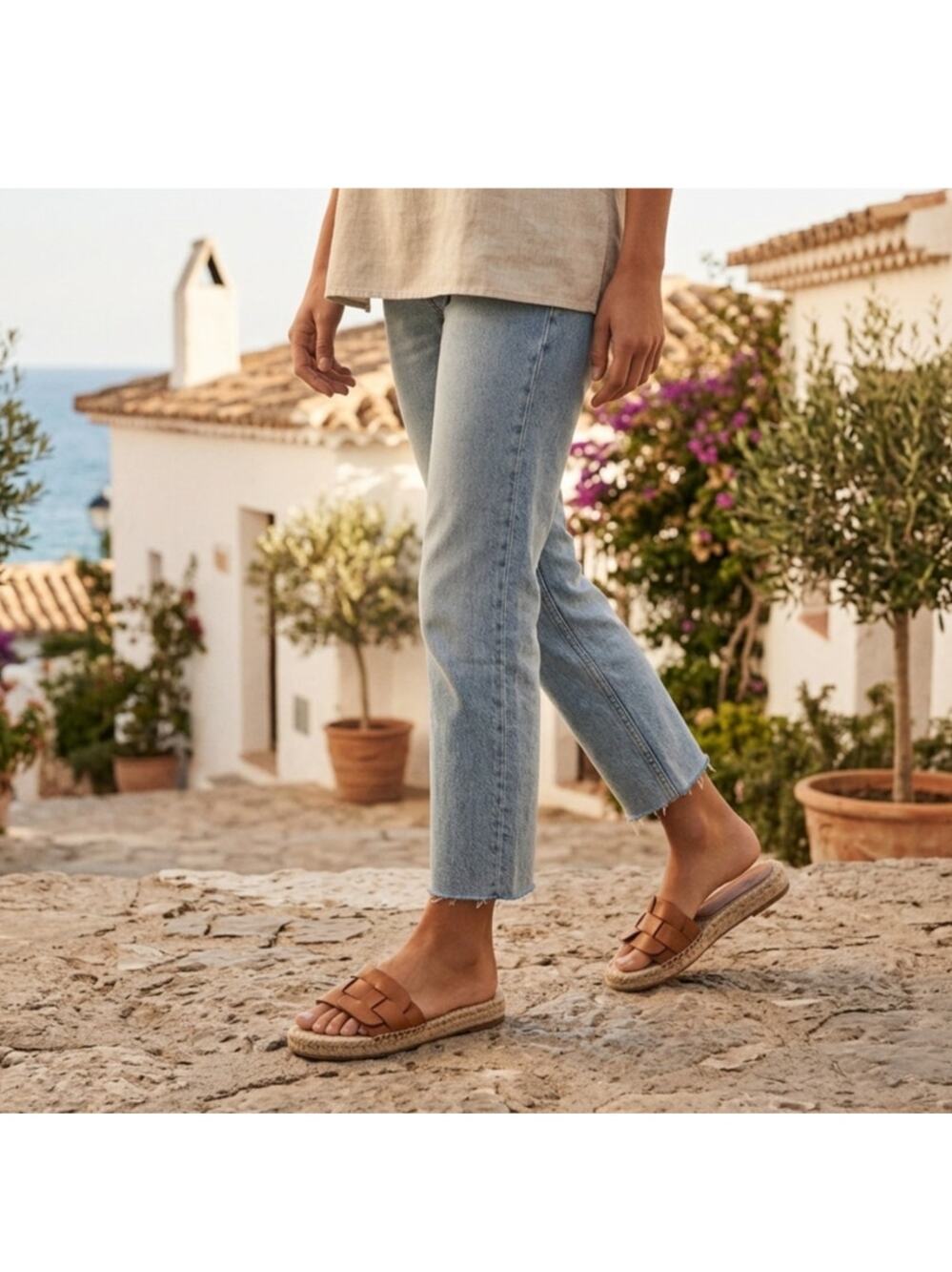 Massimo Dutti Woven Leather Espadrille Slide Sandals Tan Mediterranean Chic 9
